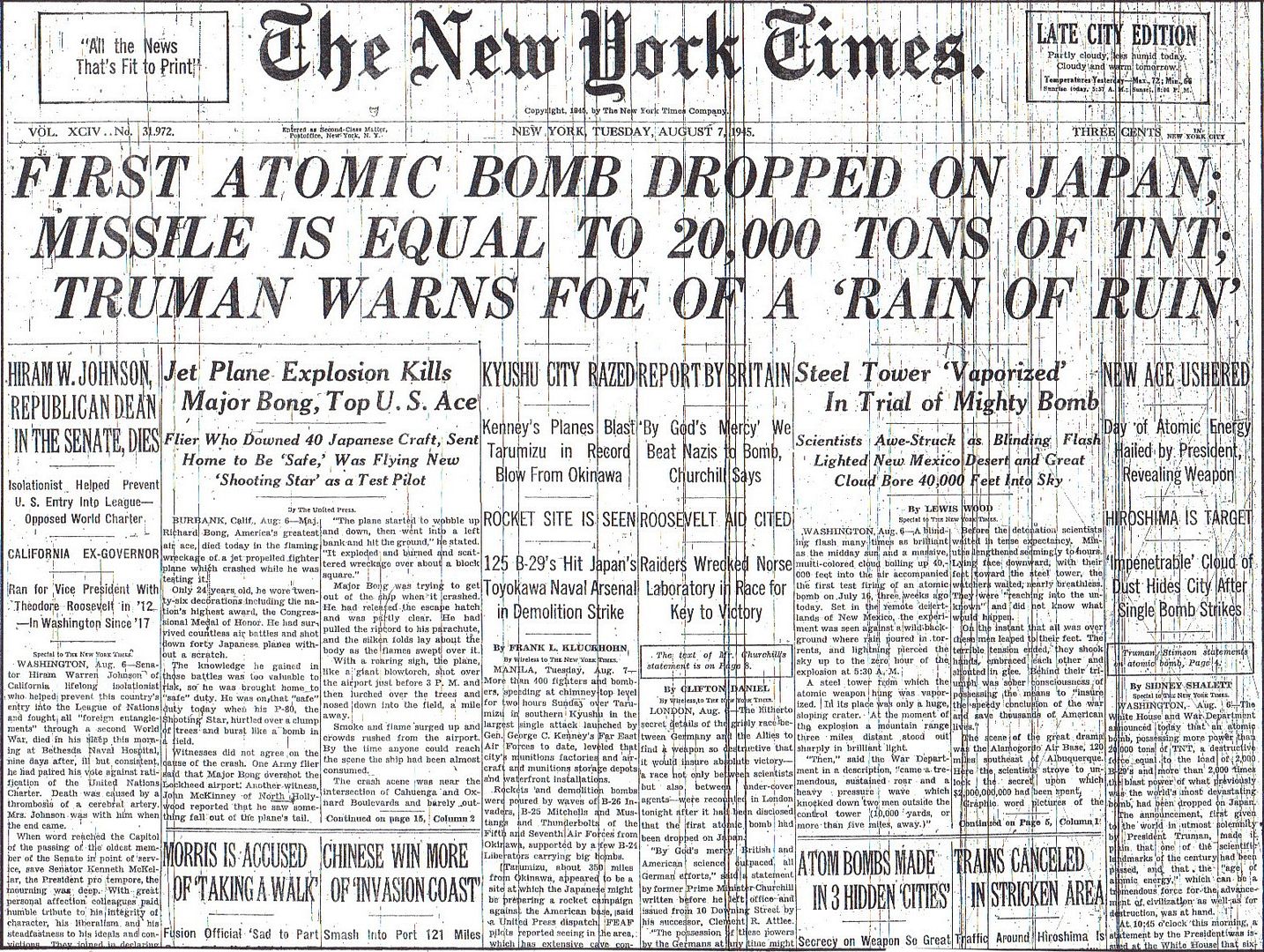 FIRST ATOMIC BOMB DROPPED ON JAPAN; MISSLE IS EQUAL TO 20,000 TONS OF